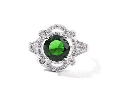 Gempro 925 Silver Hallmark Round Green Crystal Finger Rings for Women (US Size 7.5)