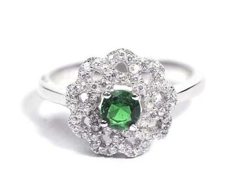 Gempro 925 Silver Hallmark Round Green Crystal Finger Rings for Women (US Size 6.5)