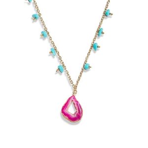 Gempro Pink Druzy Long Chain Pendant For Women