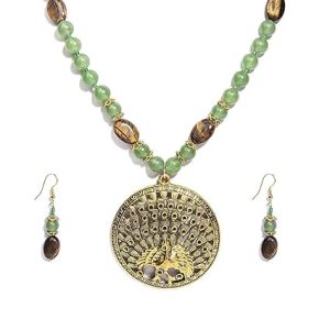 Gempro Genuine Green Aventurine and Tigers Eye Gemstone Peacock Necklace Earring Set for Women