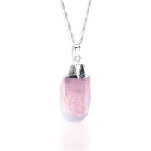 Gempro Genuine Raw Rose Quartz Love Gemstone Silver Chain Pendant Necklace for Women, Pink