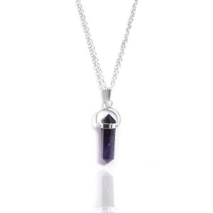 Gempro Genuine Amethyst Gemstone Point Silver Chain Pendant Necklace for Women, Purple