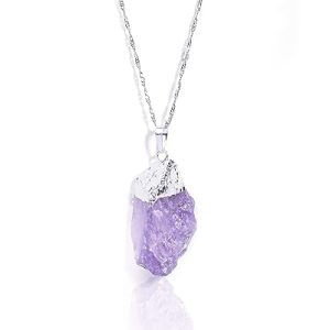 Gempro Genuine Raw Amethyst Gemstone Silver Chain Pendant Necklace Women, Purple