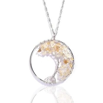 Gempro Genuine Citrine Gemstone Tree of Life Healing Silver Tone Chain Pendant for Women