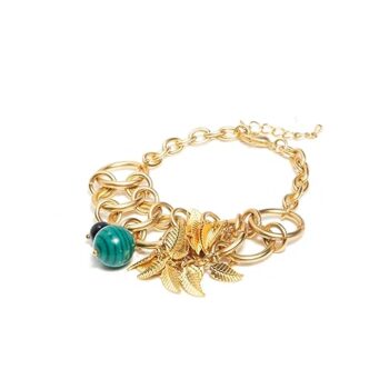 Gempro Malachite Gemstone Turkey Gold Plated Leaves Charm Bracelet