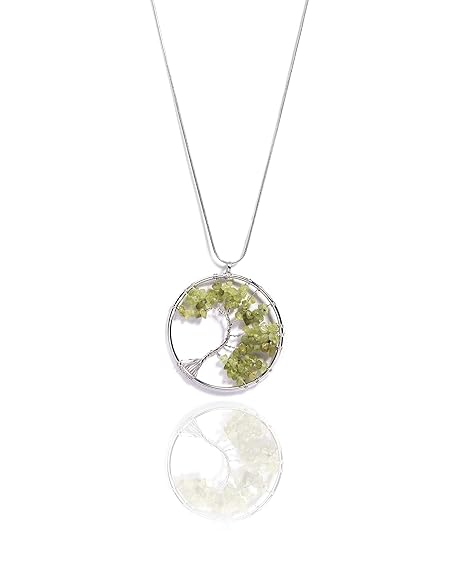 Gempro Genuine Gemstone Peridot Chips Tree Of Life Chain Pendant for Women