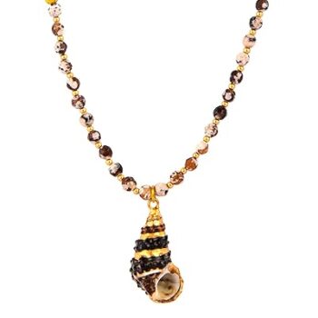 Gempro Gemstones Jewelry Genuine Black Fire Crackled Agate Conch Shell Chain Pendant Gold Plated Long Necklace For Women and Girls