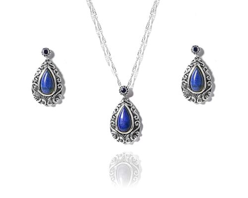 Gempro Certified Royal Lapis Lazuli Gemstone Oxidized Silver Plated Chain Pendant Earrings Jewelry Set for Women, Blue