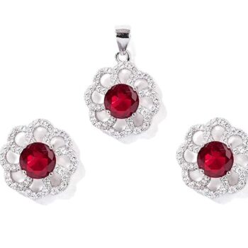 Gempro 925 Silver Round Flower Red Crystal Pendant Earrings Set for Women