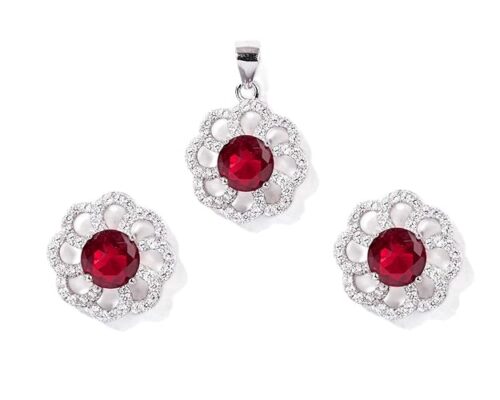 Gempro 925 Silver Round Flower Red Crystal Pendant Earrings Set for Women - Image 2
