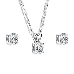 Gempro AAA Grade American Diamonds Solitairer Rhodium Chain Pendant Necklace Earrings Jewelry Sets for Women