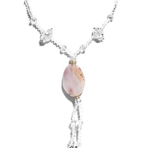 Gempro Genuine Gemstone Peach White Agate and Crystal Long Pendant Necklace for Women