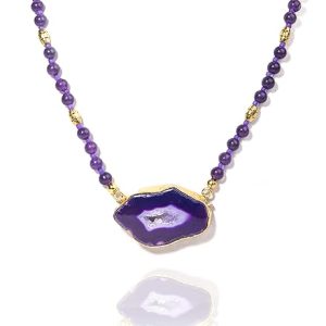 empro Genuine Gemstone Purple Druzy and Jade Necklace for Women