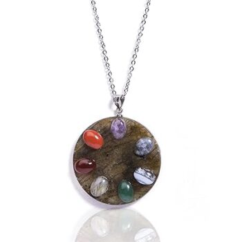 Gempro Genuine Seven Chakra on Labradorite Gemstone Round Disc Silver Chain Pendant Necklace for Women