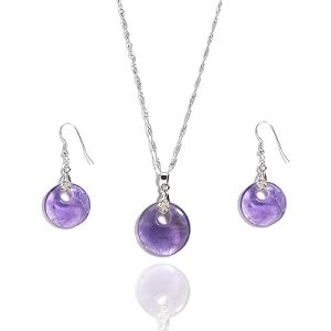 Gempro Natural Amethyst Gemstone Money Magnet Donut Pendant & Earrings Set for Women