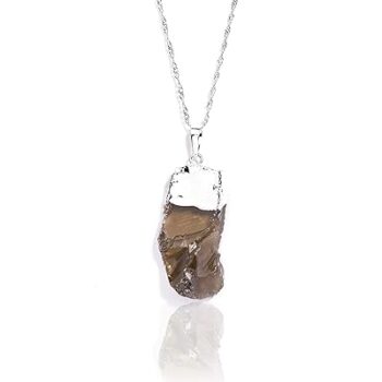 Gempro Genuine Raw Smokey Quartz Gemstone Electroplated Silver Chain Pendant for Women