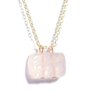 Gempro Genuine Rose Quartz Gemstone Bar Gold Plated Chain Pendant for Women, Pink