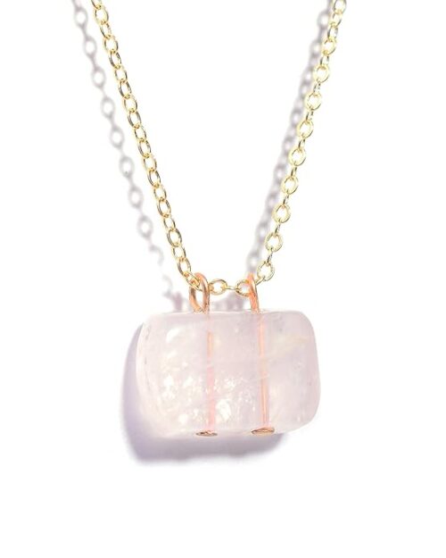 Gempro Genuine Rose Quartz Gemstone Bar Gold Plated Chain Pendant for Women, Pink