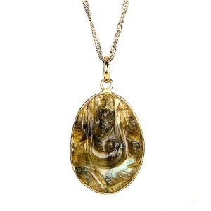 Gempro Certified Labradorite Carved Ganesha Holy God Pendant Necklace Unisex