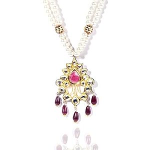 Gempro Gemstone Genuine Ruby Pearl and Kundan Gold Plated Traditional Long Necklace for Women and Girls