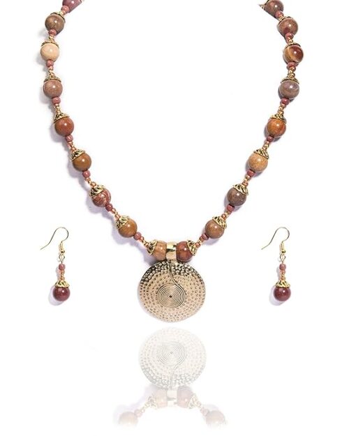 Gempro Genuine Red Jasper Gemstone Antique Necklace Earring Set for Women