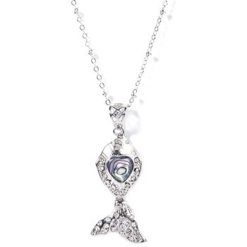 Gempro Gemstone Genuines Abalone With CZ Studded Fish Chain Drop Pendant Long Necklace for Women and Girls