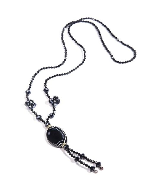 Gempro Genuine Gemstone Black Lace Agate and Crystal Long Pendant Necklace for Women - Image 3