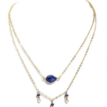 Gempro Genuine Lapis Lazuli Gemstone Gold Plated Layered Chains Necklace for Women, Blue