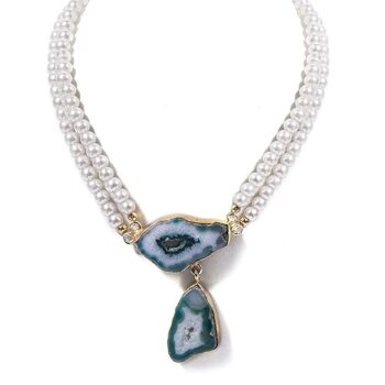 Gempro Genuine Sea Blue Druzy Pearls Statement Choker Necklace for Women