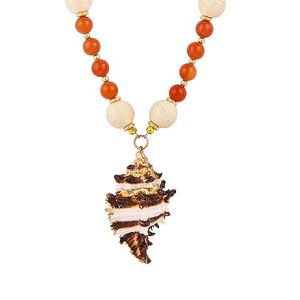 Gempro Gemstones Jewelry Genuine Orange Carnelian Brownish Shell Chain Pendant Gold Plated Long Necklace For Women and Girls