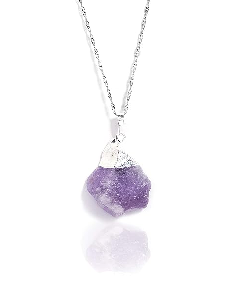 Gempro Genuine Raw Amethyst Gemstone Electroplated Silver Chain Pendant for Women