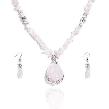Gempro Genuine Rose Quartz Gemstone Necklace Earring Set for Women
