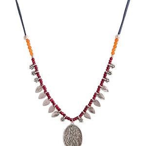 Gempro Red Quartz Lotus Mudra Oxidized Temple Necklace for Women