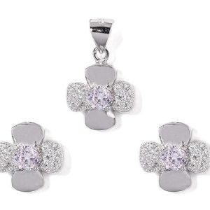 Gempro 925 Silver Flower White Crystal Pendant Earrings Set for Women