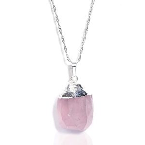 Gempro Genuine Raw Faceted Rose Quartz Gemstone Electroplated Silver Chain Pendant for Women