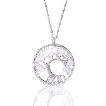 Gempro Genuine Clear Quartz Gemstone Tree of Life Healing Pendant Necklace Women
