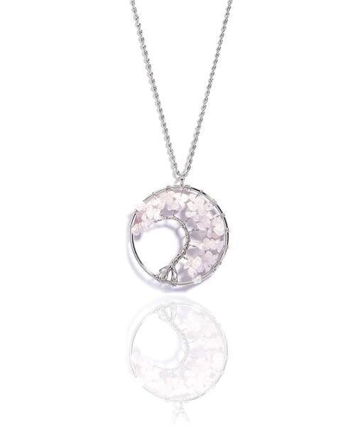 Gempro Genuine Gemstone Rose Quartz Chips Tree Of Life Chain Pendant for Women