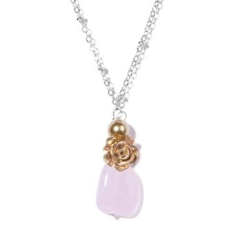 Gempro Perfect Valentine Gift Genuine Rose Quartz Gemstone Pearl and Golden Rose Chain Love Pendant Necklace for Women