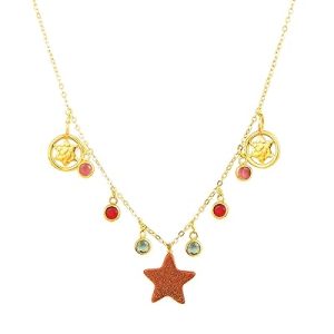 Gempro Gemstones Jewelry Genuine Golden Brown Sunstone Multicharm Gold Plated Long Chain Pendant Necklace for Women and Girls