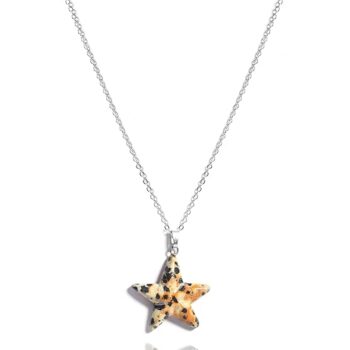 Gempro Genuine Dalmatian Gemstone Silver Chain Star Pendant Necklace for Girls, White & Black