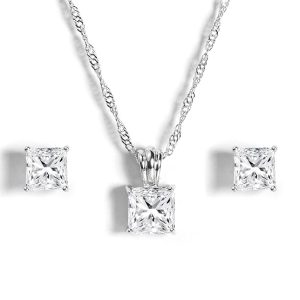 Gempro Princess Cut Solitaire Pendant and Earrings Set for Women