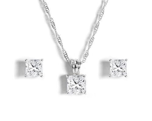 Gempro Princess Cut Solitaire Pendant and Earrings Set for Women