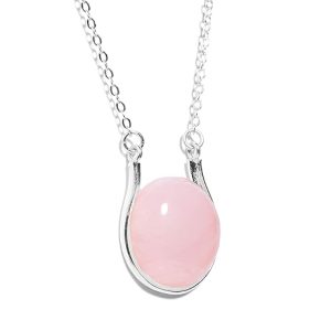 Gempro Certified Natural Rose Quartz Gemstone U Shape Rhodium Plated Chain Pendant for Women, Pink