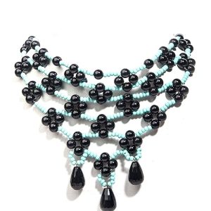 Gempro Genuine Gemstone Black Onyx and Turq Glass Bead Choker Necklace for Women