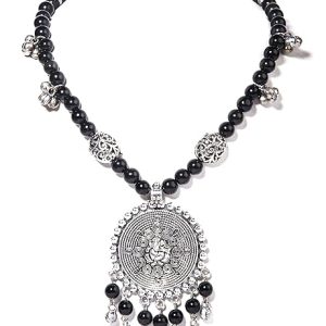 Gempro Genuine Gemstone Black Onyx Ganesha Holy Ghungroo Temple Cord Necklace for Women