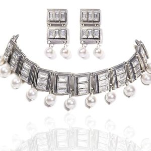 Gempro Genuine Pearl Oxidised Silver Choker Necklace Earrings Jewelry Set for Women