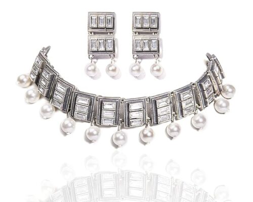 Gempro Genuine Pearl Oxidised Silver Choker Necklace Earrings Jewelry Set for Women