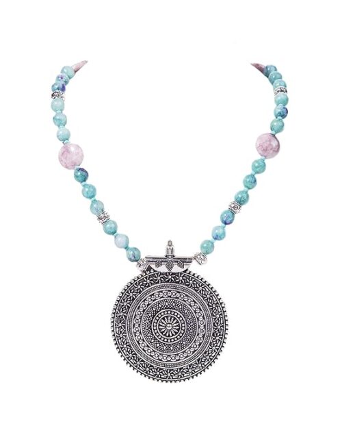 Gempro Genuine Gemstone Sea Green Jade and Jasper Oxidised Pendant Necklace Earring Set for Women - Image 3