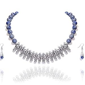 Gempro Women's Certified Genuine Lapis Lazuli Gemstone Oxidised Necklace Earrings Jewelry Set (Blue)