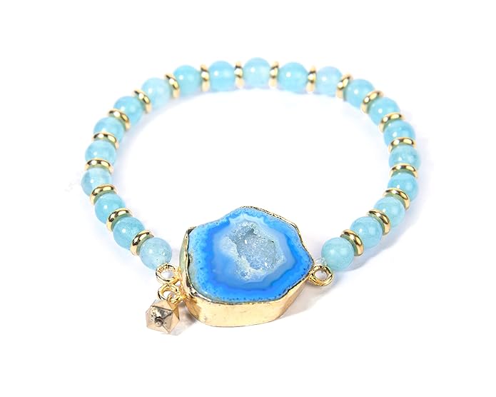 Gempro Gemstones Jewelry Genuine Blue Druzy and Jade Gold Plated Stretchable Bracelet for Women and Girls
